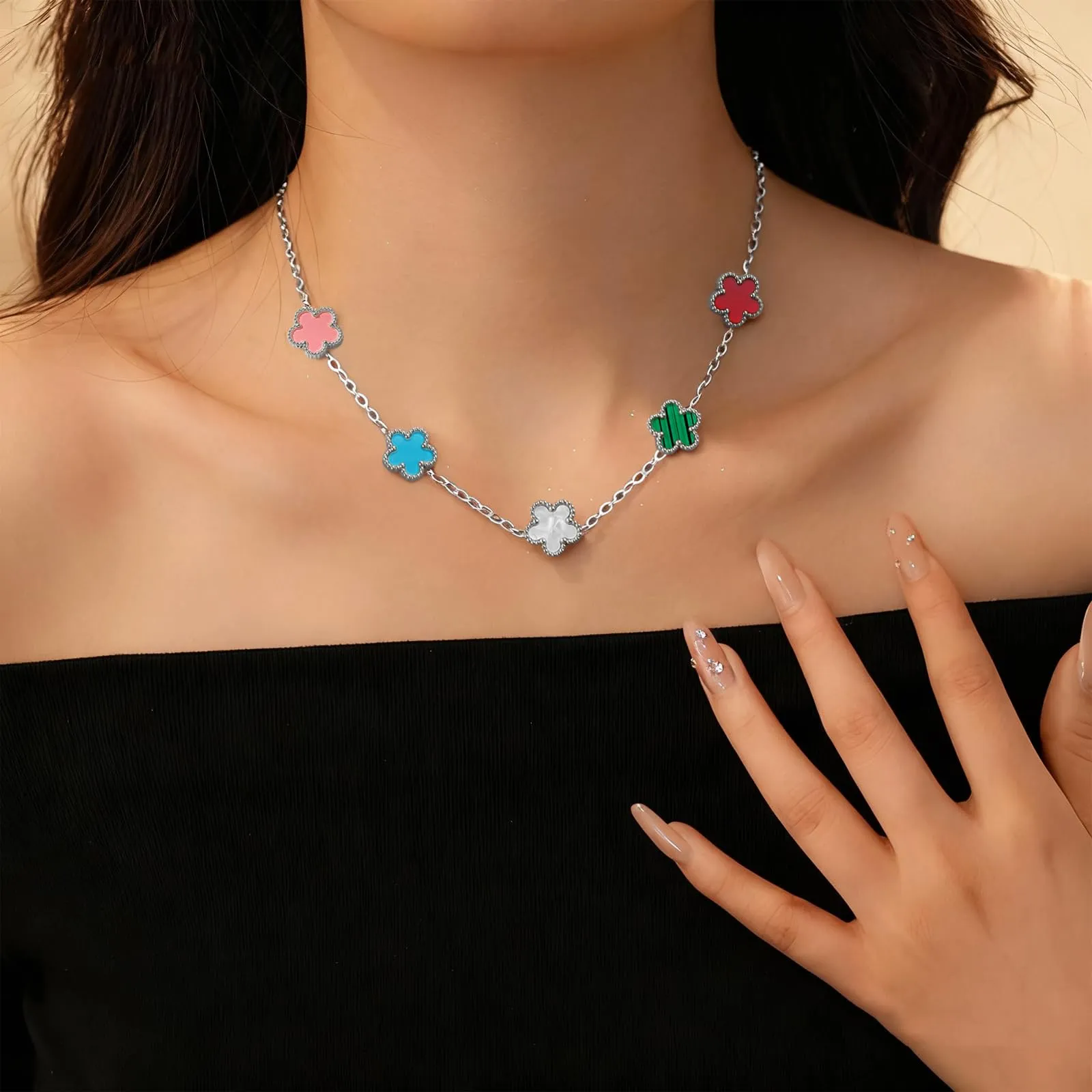 JYIXXZX Parure Gioielli Quadrifoglio da Donna in Acciaio Inossidabile Placcato Argento - Set Collana, Orecchini e Bracciale (A) - immagine 4