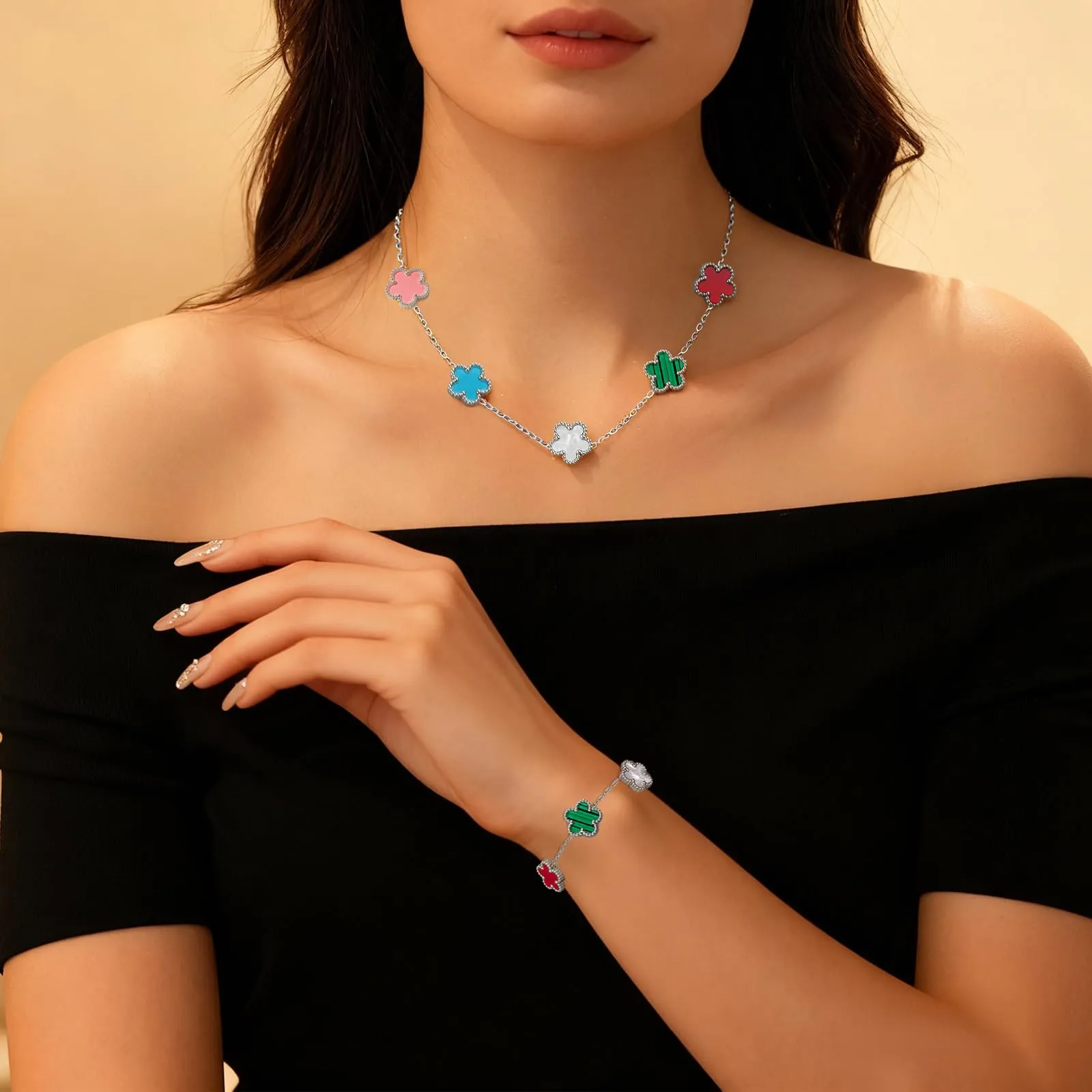 JYIXXZX Parure Gioielli Quadrifoglio da Donna in Acciaio Inossidabile Placcato Argento - Set Collana, Orecchini e Bracciale (A) - immagine 5