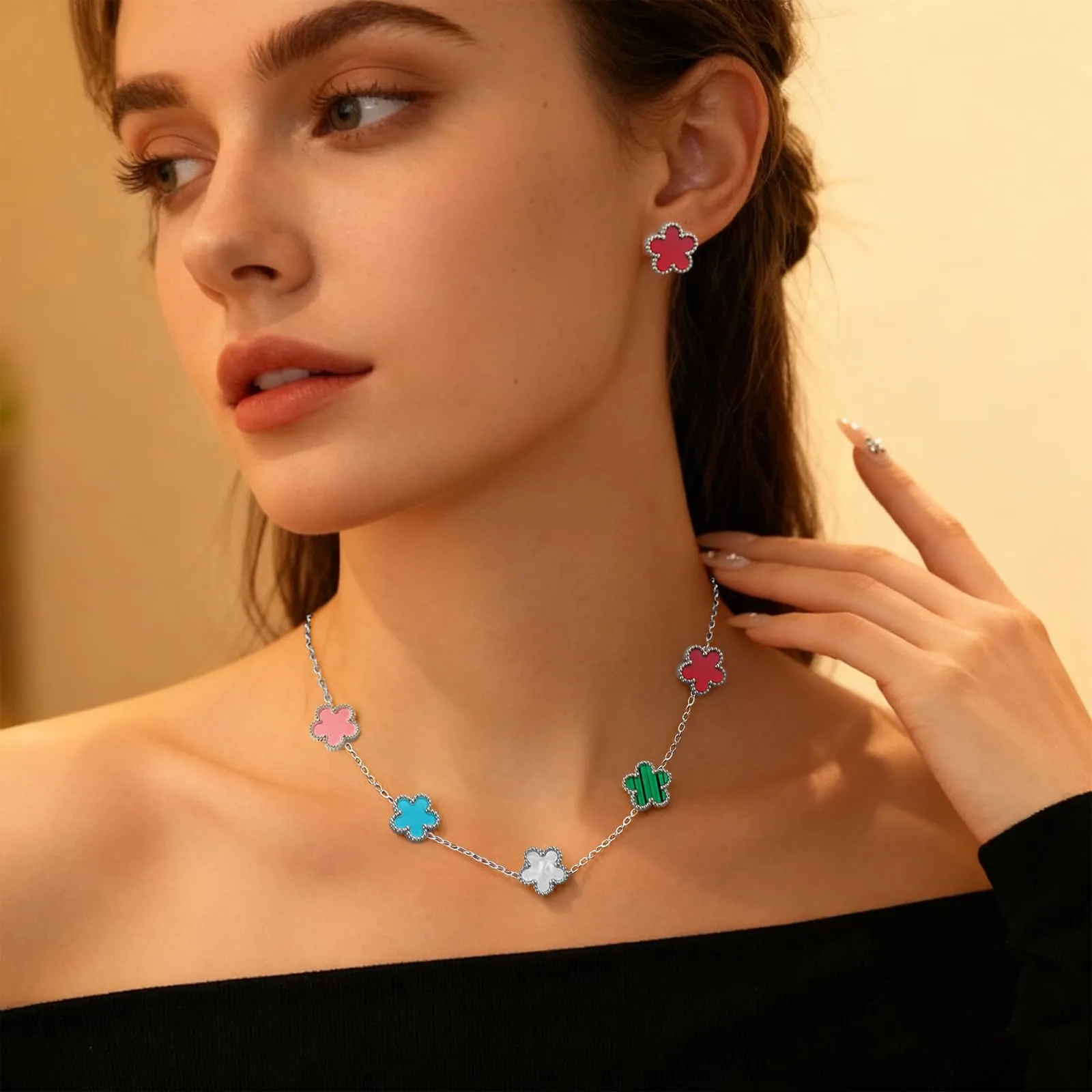 JYIXXZX Parure Gioielli Quadrifoglio da Donna in Acciaio Inossidabile Placcato Argento - Set Collana, Orecchini e Bracciale (A) - immagine 8