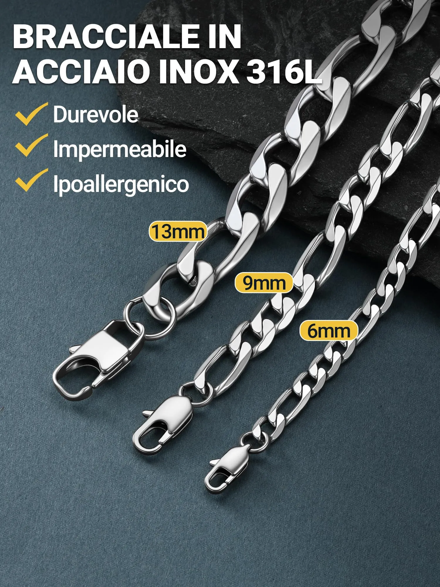 PROSTEEL Braccialetto Catena Figaro 3 in 1 Argento 6mm - immagine 3