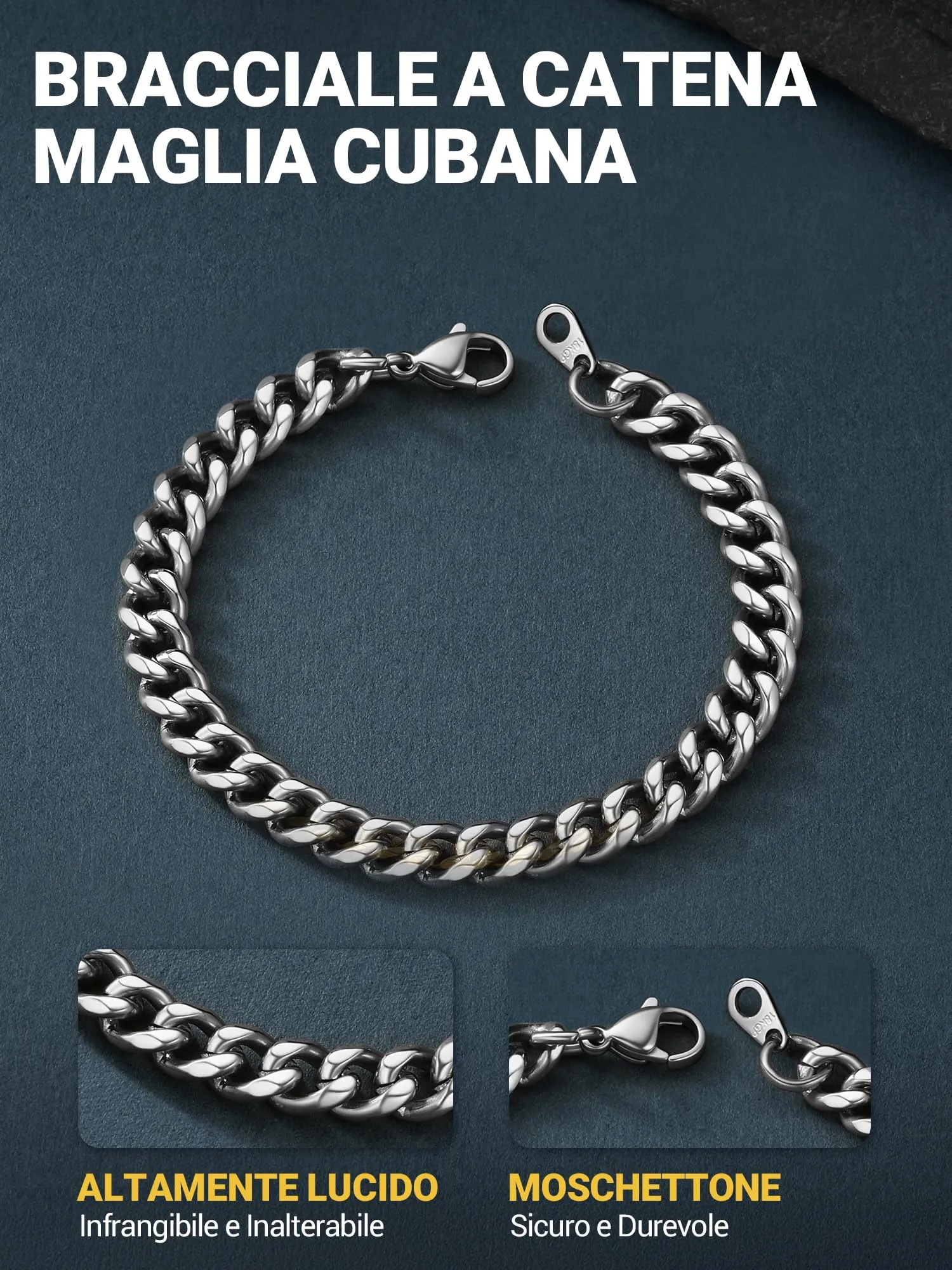 PROSTEEL Bracciale a Catena da Uomo in Acciaio Inossidabile Argento 6mm 19cm - immagine 5