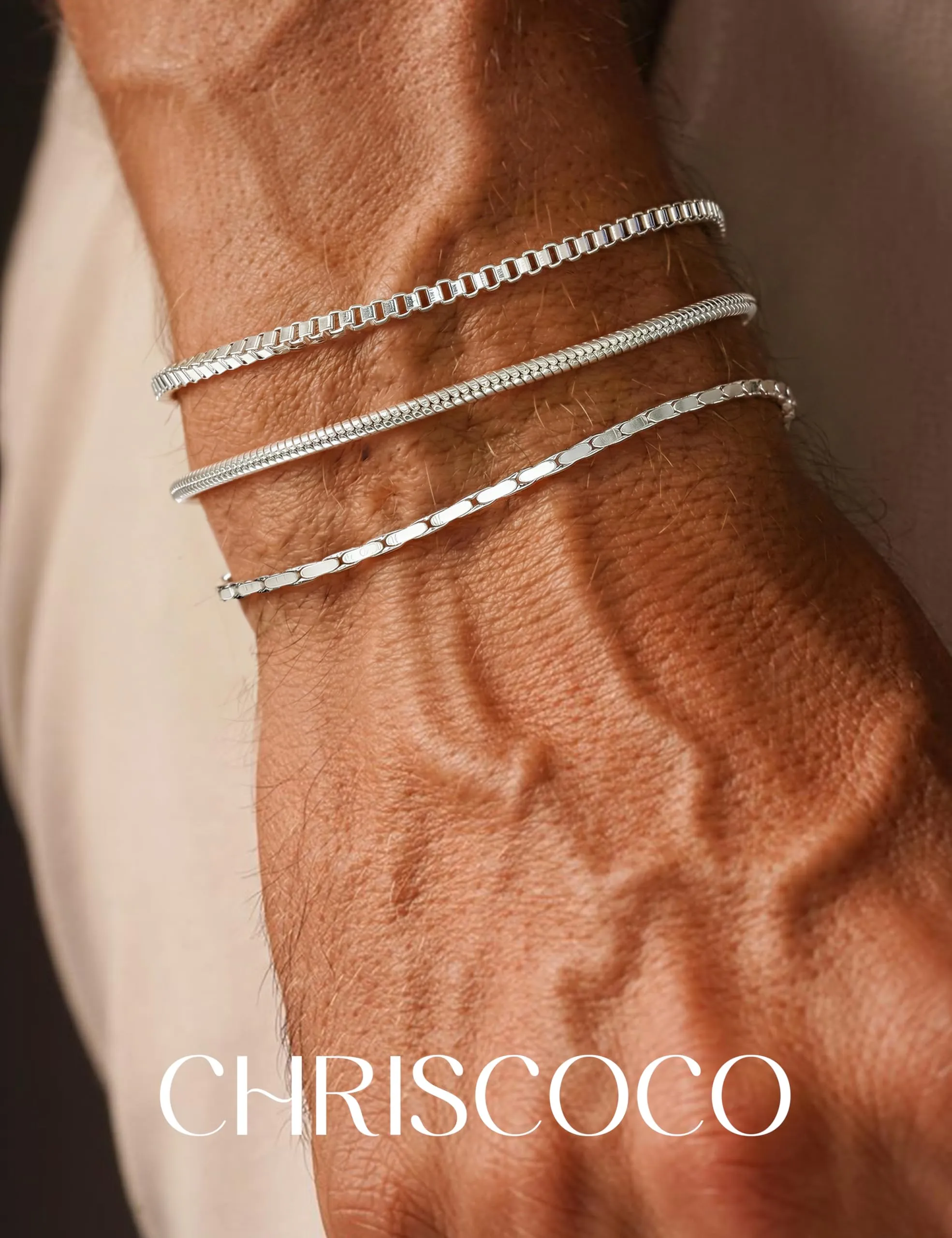 Chriscoco Set di 3 Bracciali Uomo Argento 925 Cuban Link, Snake e Box, 19/21 cm - immagine 5