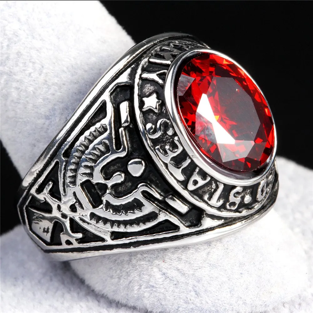 PMTIER Anello in Acciaio Inossidabile US Army Veteran Hawk Aquila con Pietra CZ Rossa Ovale, Misura 19 - immagine 4