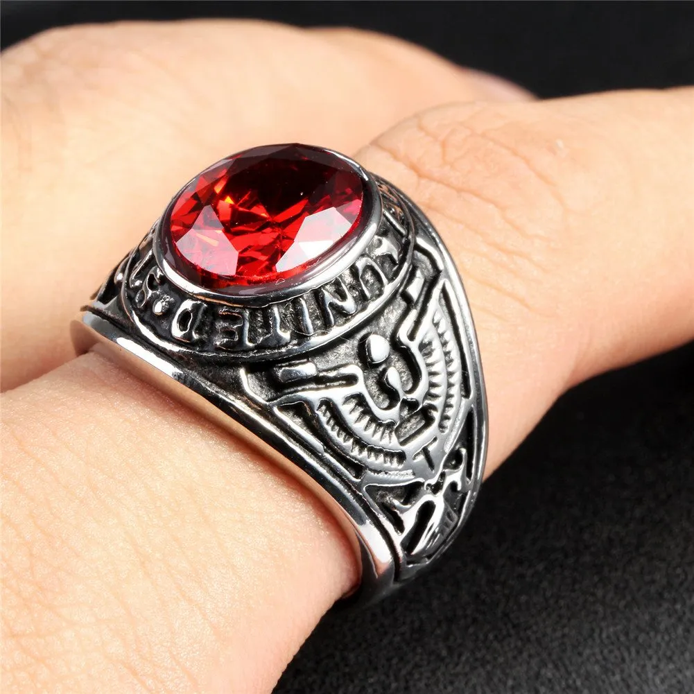 PMTIER Anello in Acciaio Inossidabile US Army Veteran Hawk Aquila con Pietra CZ Rossa Ovale, Misura 19 - immagine 5