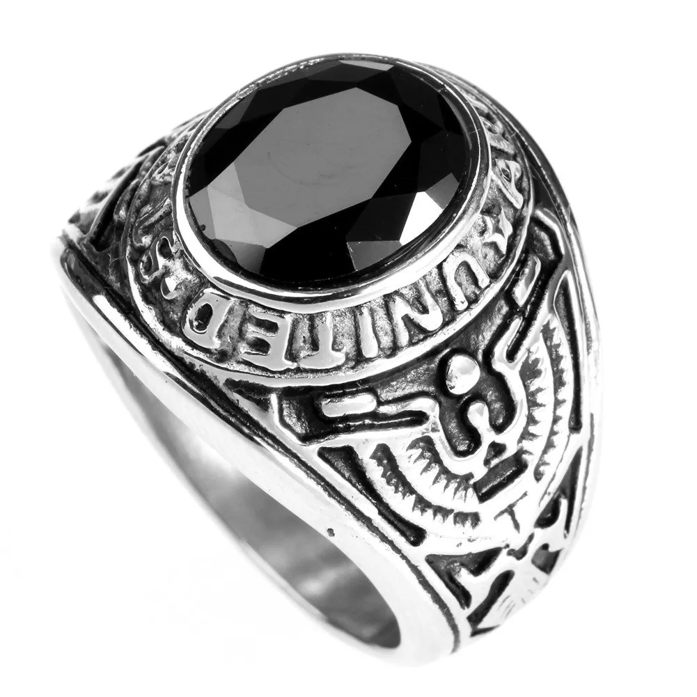 PMTIER Anello in Acciaio Inossidabile US Army Veteran Hawk Eagle con Pietra Preziosa Ovale CZ Nero, Misura 29 - immagine 1