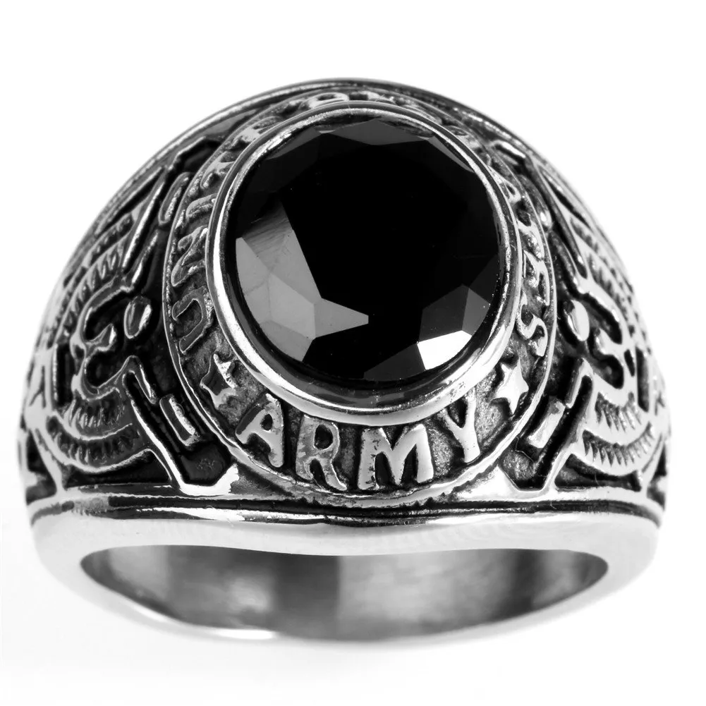 PMTIER Anello in Acciaio Inossidabile US Army Veteran Hawk Eagle con Pietra Preziosa Ovale CZ Nero, Misura 29 - immagine 3