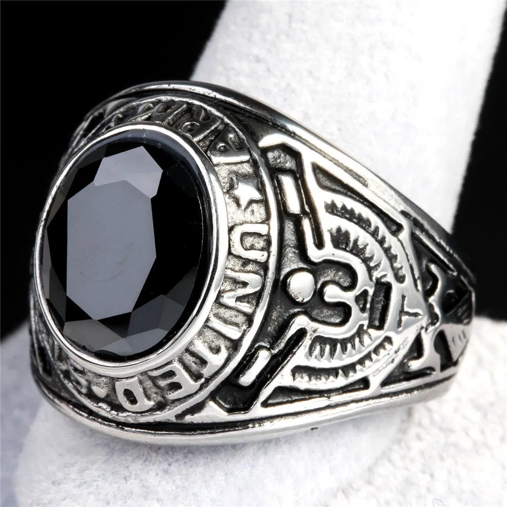 PMTIER Anello in Acciaio Inossidabile US Army Veteran Hawk Eagle con Pietra Preziosa Ovale CZ Nero, Misura 29 - immagine 4