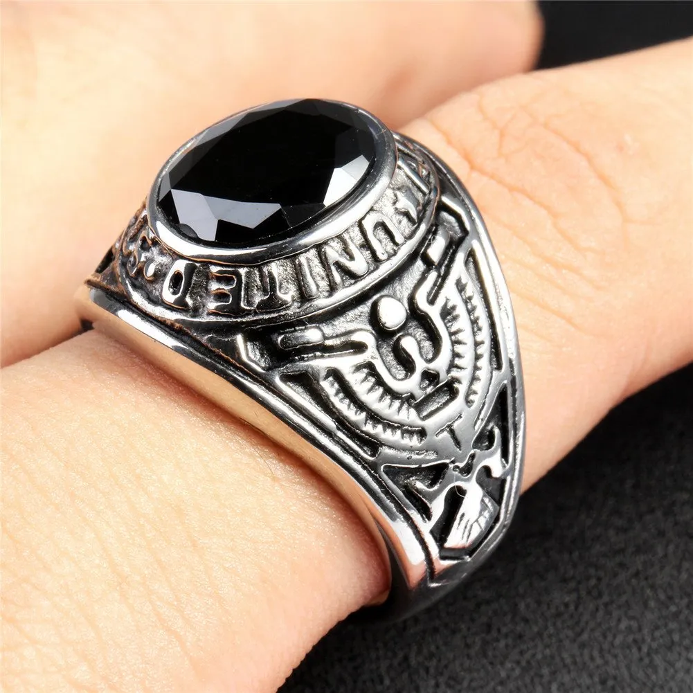 PMTIER Anello in Acciaio Inossidabile US Army Veteran Hawk Eagle con Pietra Preziosa Ovale CZ Nero, Misura 29 - immagine 5