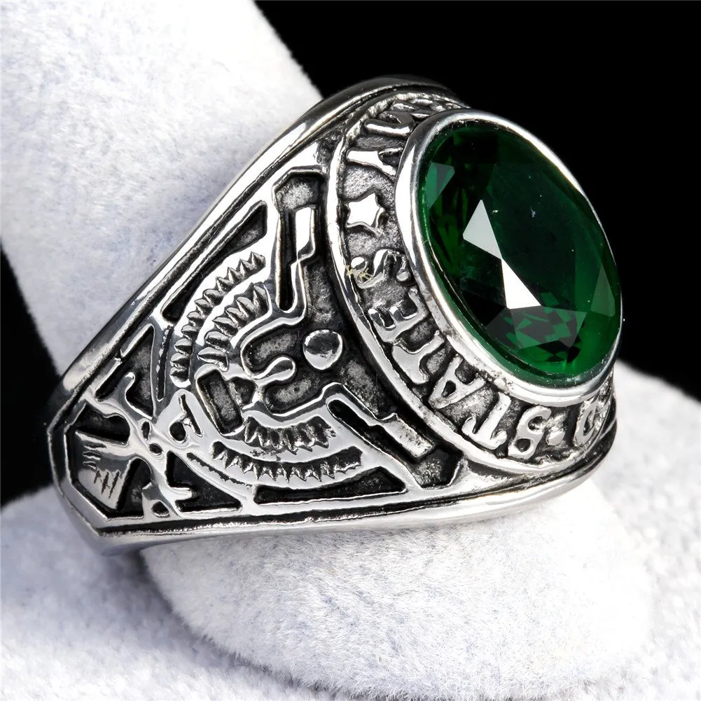 PMTIER Anello in Acciaio Inossidabile US Veterano dell'Esercito con Aquila e Pietra CZ Verde Ovale, Misura 17 - immagine 4