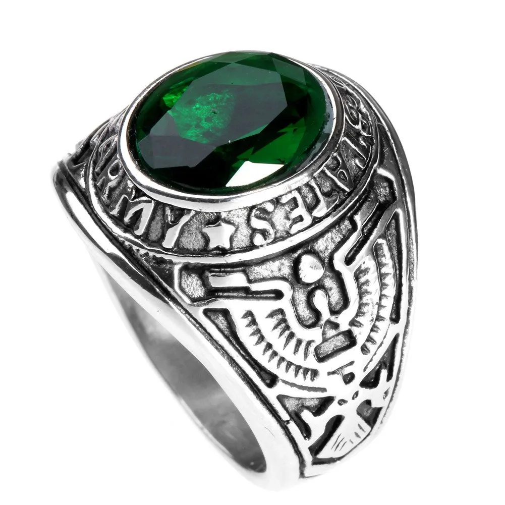 PMTIER Anello Uomo in Acciaio Inossidabile US Veterano Esercito Aquila con Pietra CZ Verde Ovale, Misura 27 - immagine 1