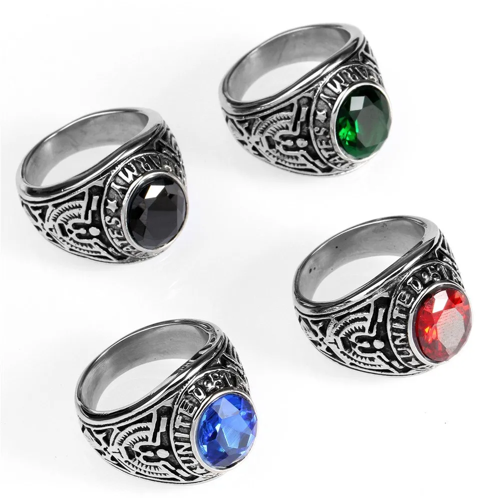 PMTIER Anello Uomo in Acciaio Inossidabile US Veterano Esercito Aquila con Pietra CZ Verde Ovale, Misura 27 - immagine 2