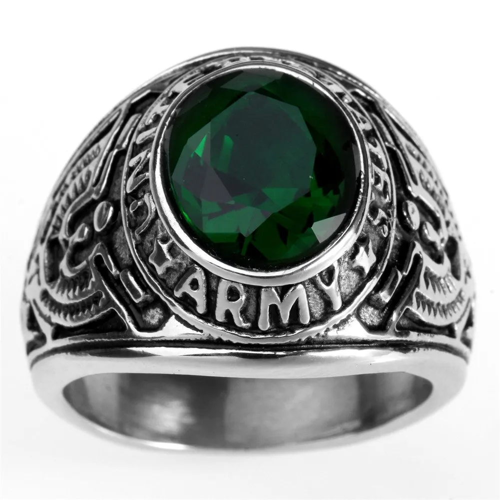 PMTIER Anello Uomo in Acciaio Inossidabile US Veterano Esercito Aquila con Pietra CZ Verde Ovale, Misura 27 - immagine 3