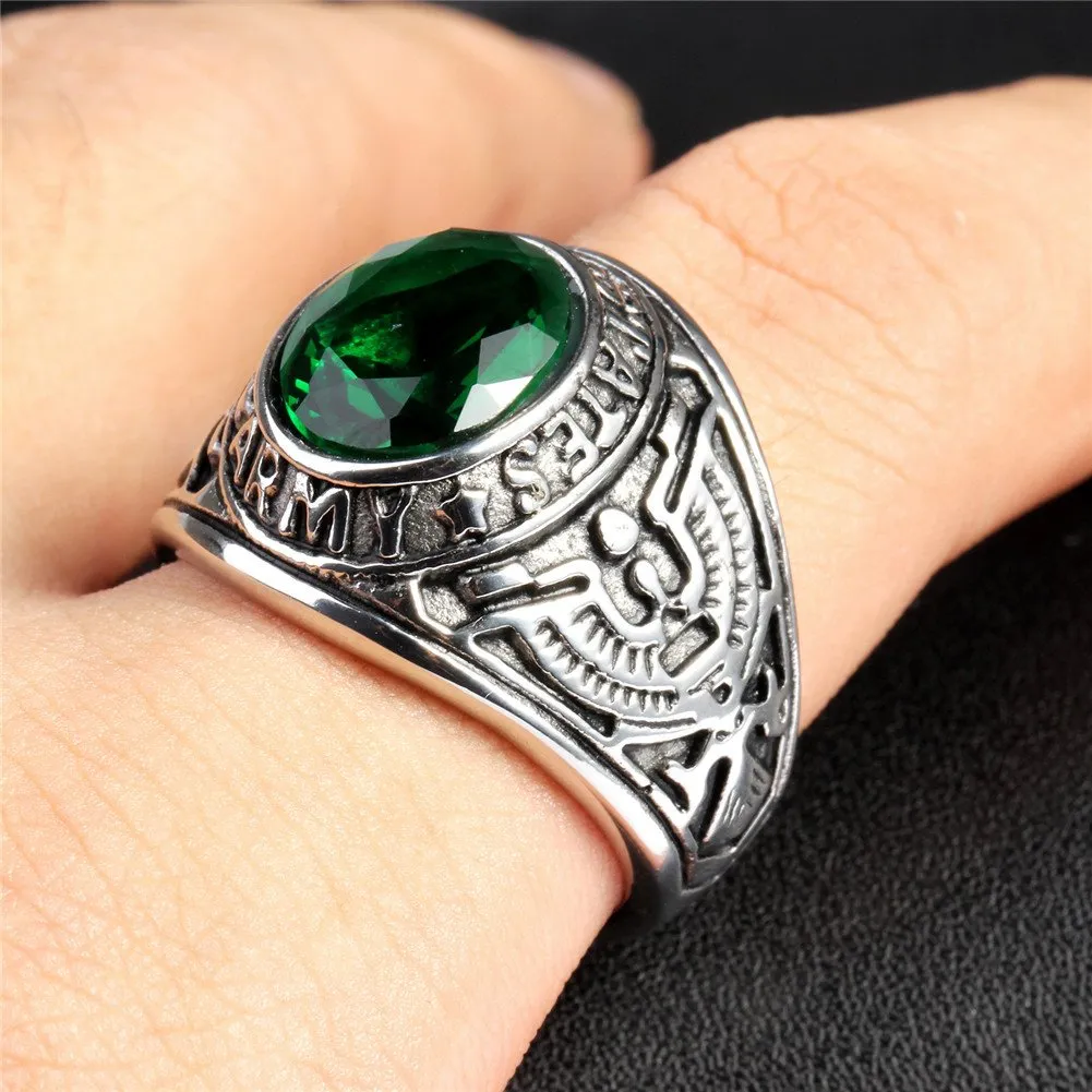 PMTIER Anello Uomo in Acciaio Inossidabile US Veterano Esercito Aquila con Pietra CZ Verde Ovale, Misura 27 - immagine 5