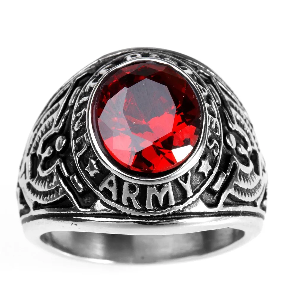 PMTIER Anello Uomo in Acciaio Inossidabile US Army Veteran Eagle con Pietra CZ Rossa Ovale, Misura 14 - immagine 3