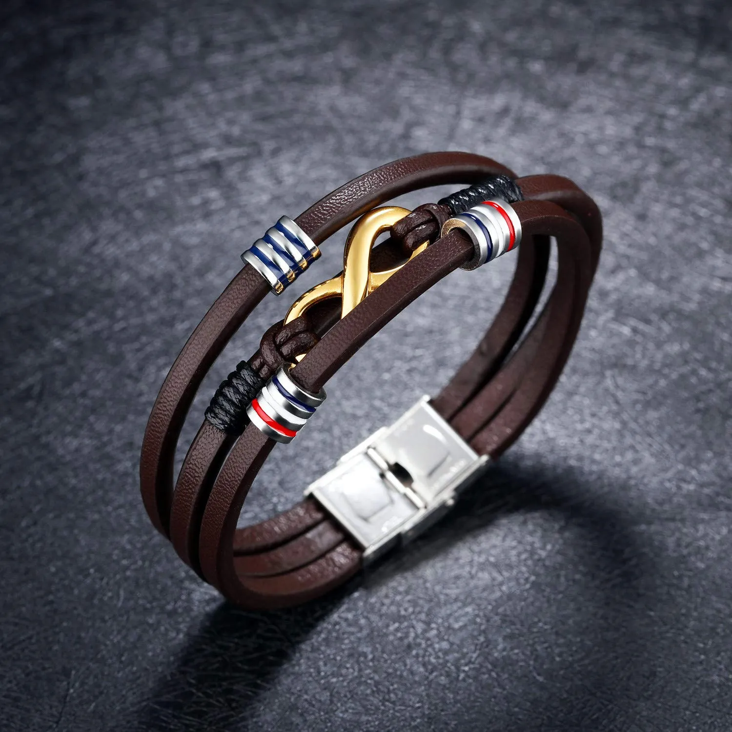 ATEIELLI Bracciale Uomo in PU Pelle e Acciaio Inossidabile Simbolo Infinito 21cm JWB309 - immagine 2