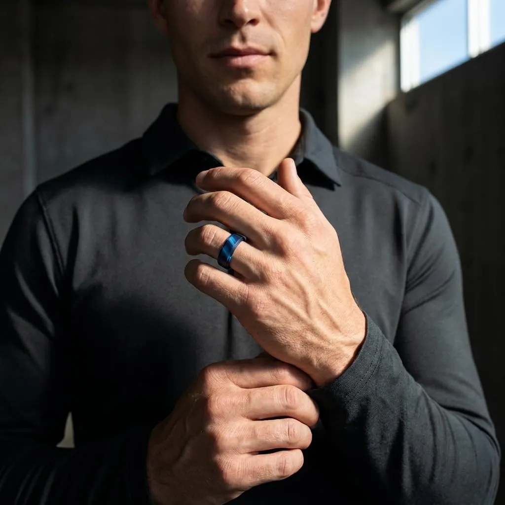Dookeh Anello in silicone da uomo, nero e blu, design ondulato traspirante - immagine 7