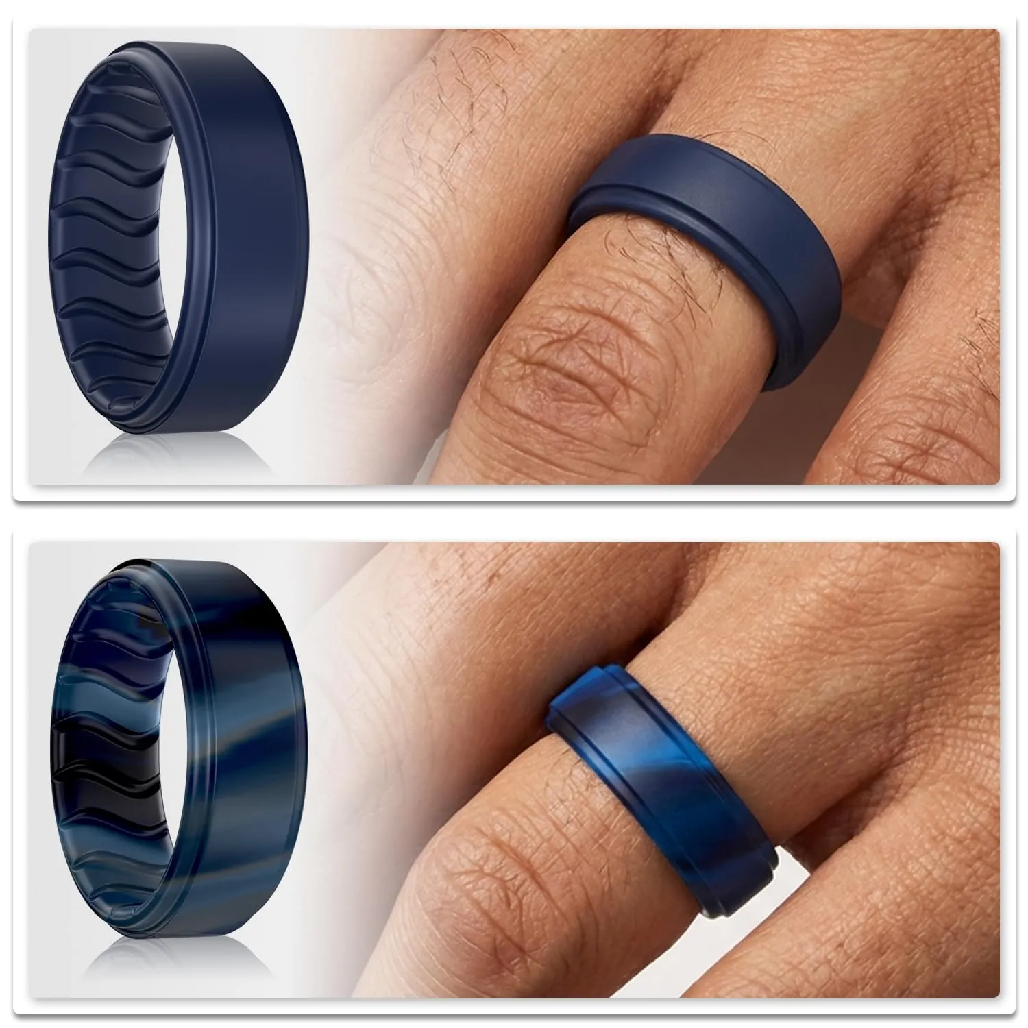 Dookeh Anello in silicone per uomo, design ondulato traspirante, nero e blu - immagine 4