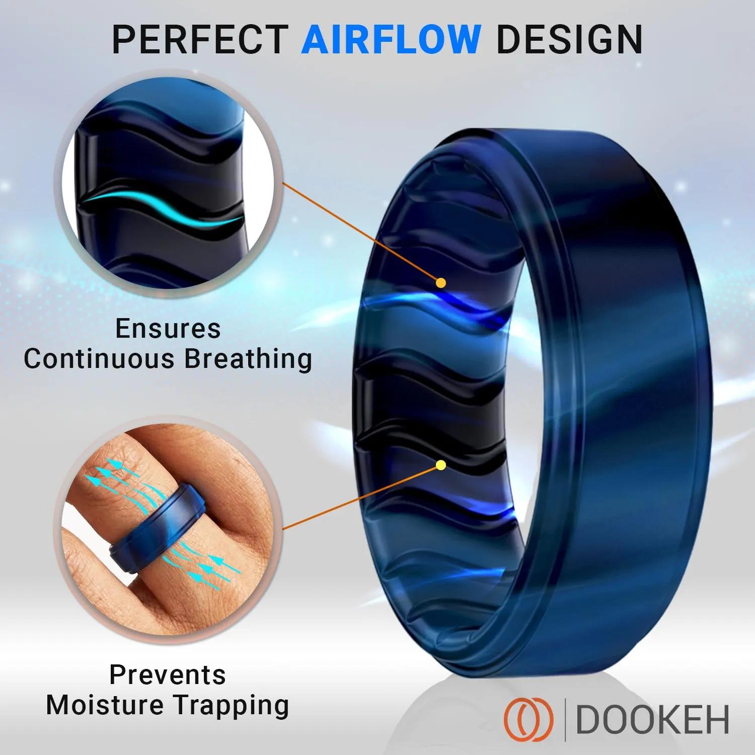 Dookeh Anello in silicone uomo, nero e blu, design ondulato traspirante - immagine 2