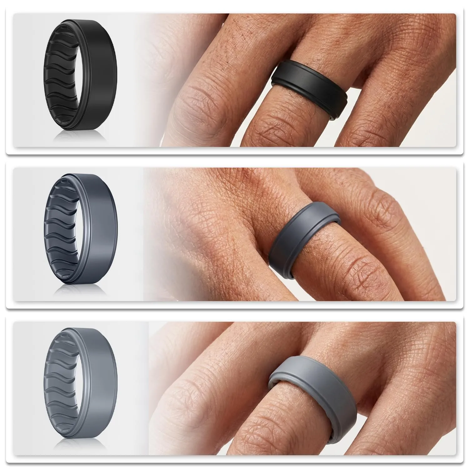 Dookeh Anello in silicone per uomo, nero e blu, design ondulato traspirante - immagine 3