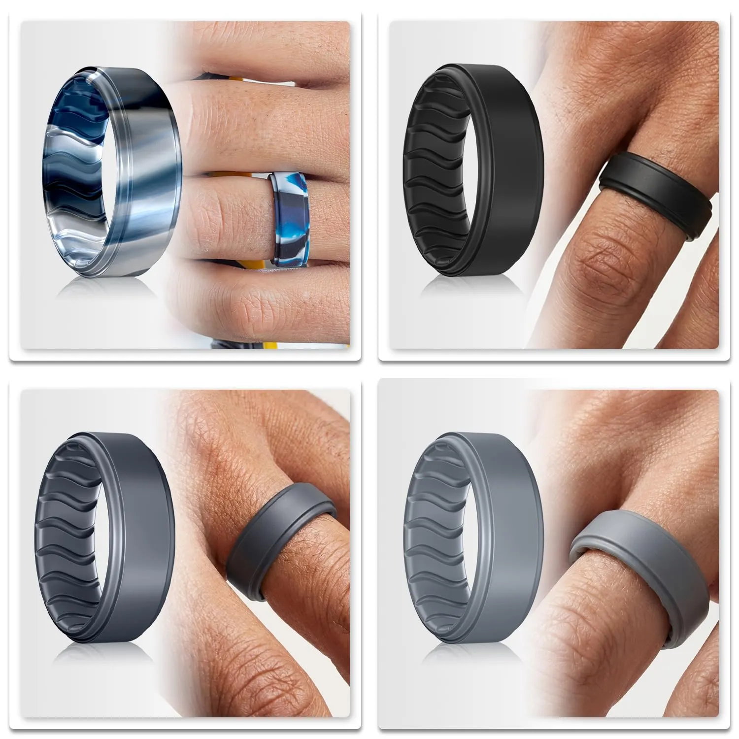 Dookeh Anello in silicone da uomo, design ondulato traspirante, nero e blu - immagine 3