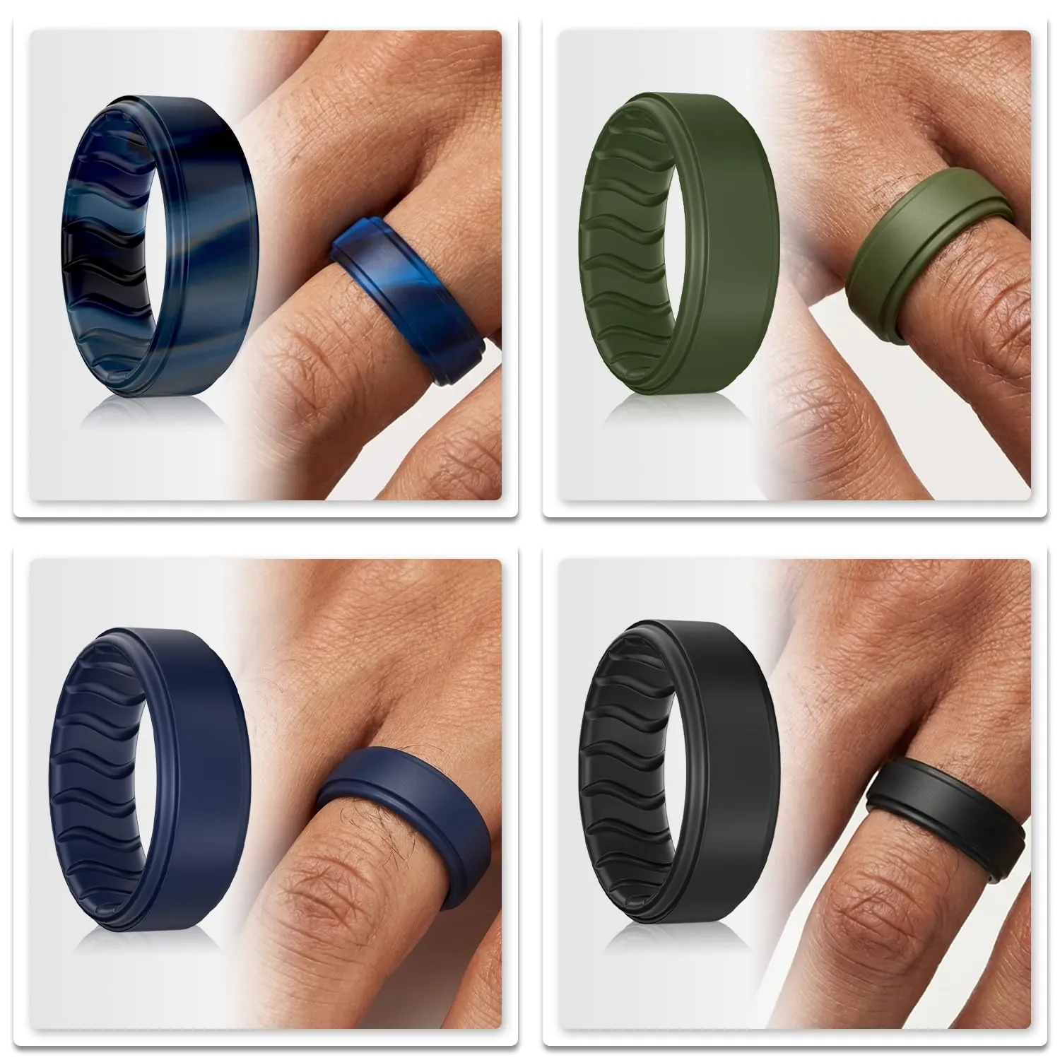 Dookeh Anello in silicone da uomo, design ondulato traspirante, nero e blu - immagine 4