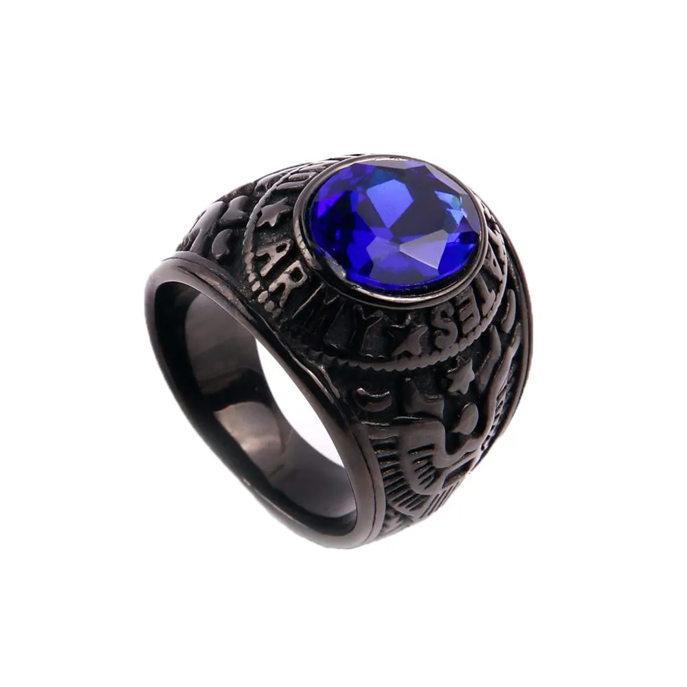 PMTIER Anello da Uomo Aquila dell'Esercito Americano in Acciaio Inossidabile con Pietra Preziosa Blu CZ Ovale Placcato Nero Tamaño 17 - immagine 1