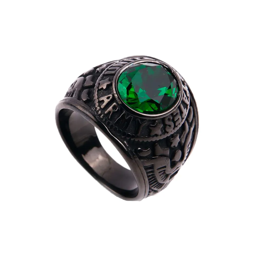 PMTIER Anello da Uomo Aquila dell'Esercito Americano in Acciaio Inossidabile con Pietra Preziosa CZ Ovale Verde Placcato Nero, Tamaño 25 - immagine 1