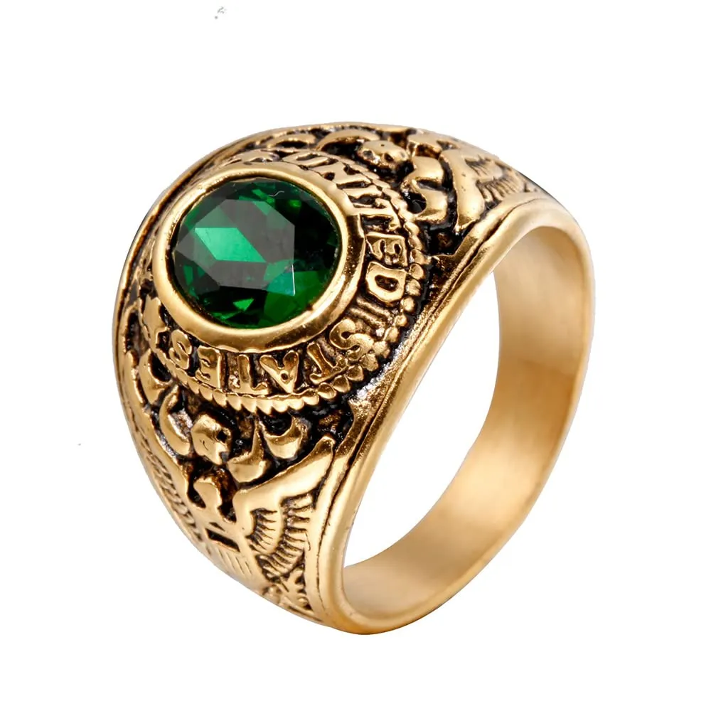 PMTIER Anello da Uomo Aquila dell'Esercito Americano in Acciaio Inossidabile con Pietra Verde CZ Ovale Placcato Oro Tamaño 29 - immagine 1