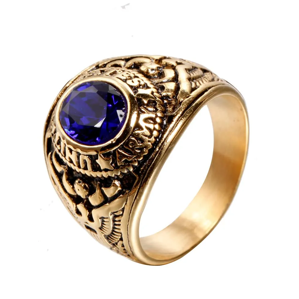 PMTIER Anello da Uomo Aquila dell'Esercito Americano in Acciaio Inossidabile con Pietra Preziosa Blu CZ Ovale Placcato Oro, Tamaño 19 - immagine 1