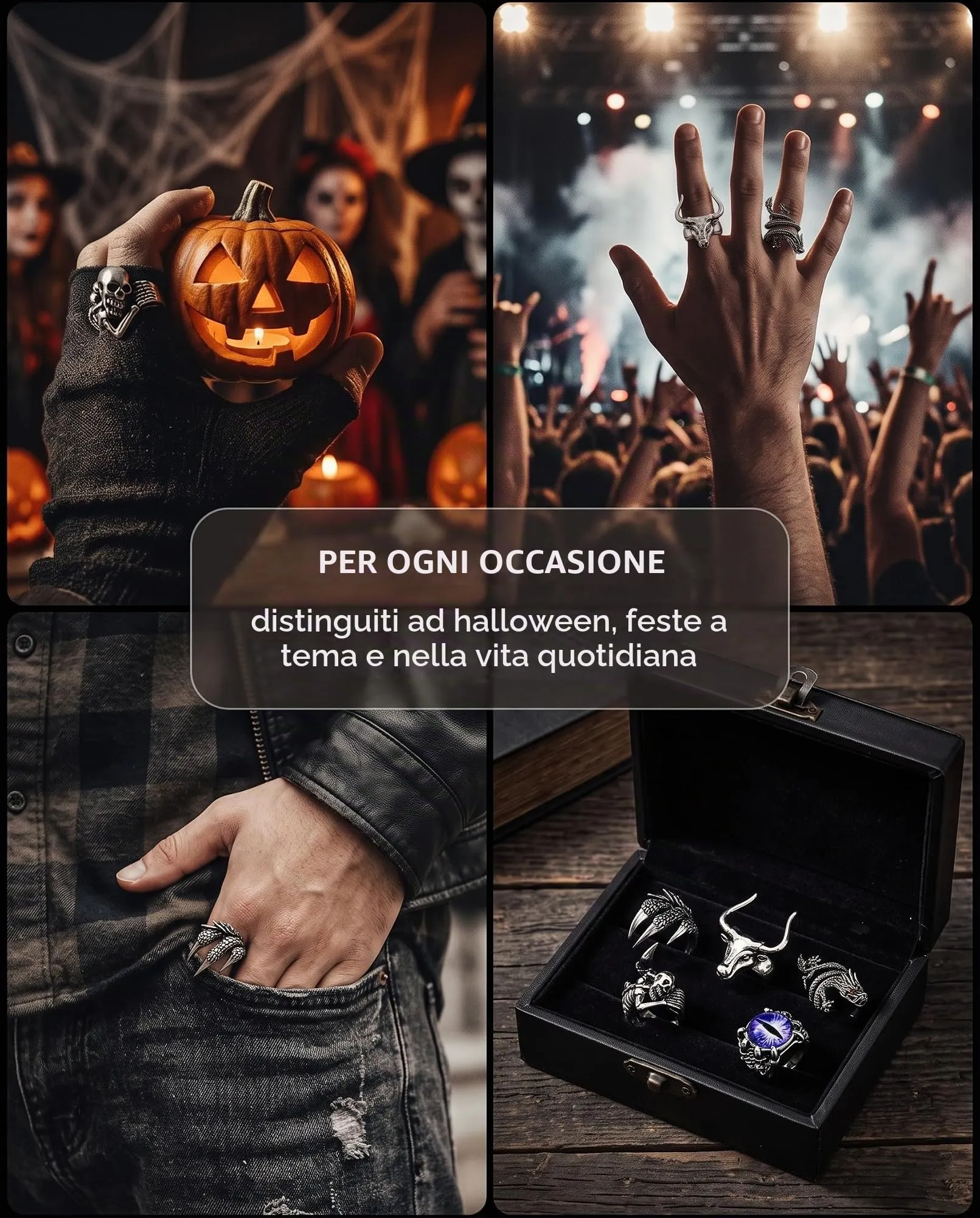 MenYiYDS Set di 5 Anelli Uomo Regolabili in Acciaio Inossidabile, Design Teschio Gotico Punk Hip Hop - immagine 7