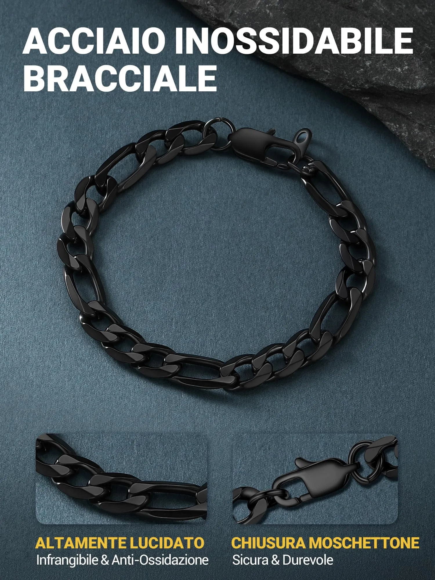 PROSTEEL Braccialetto Catena Figaro 3 in 1, 6mm, Nero, Acciaio Inossidabile, 19 cm - immagine 6