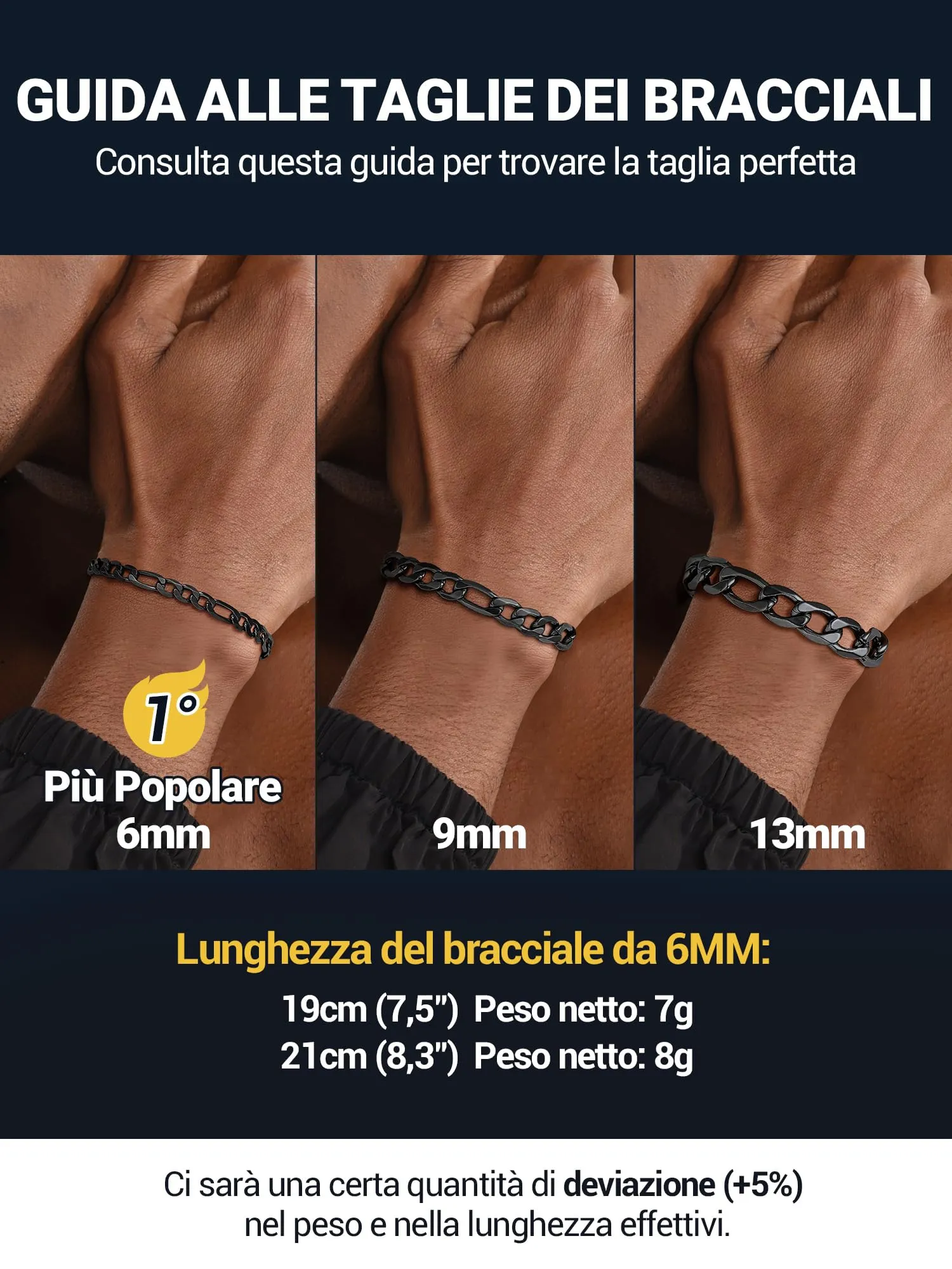 PROSTEEL Braccialetto Catena Figaro 3 in 1, 6mm, Nero, Acciaio Inossidabile, 19 cm - immagine 8
