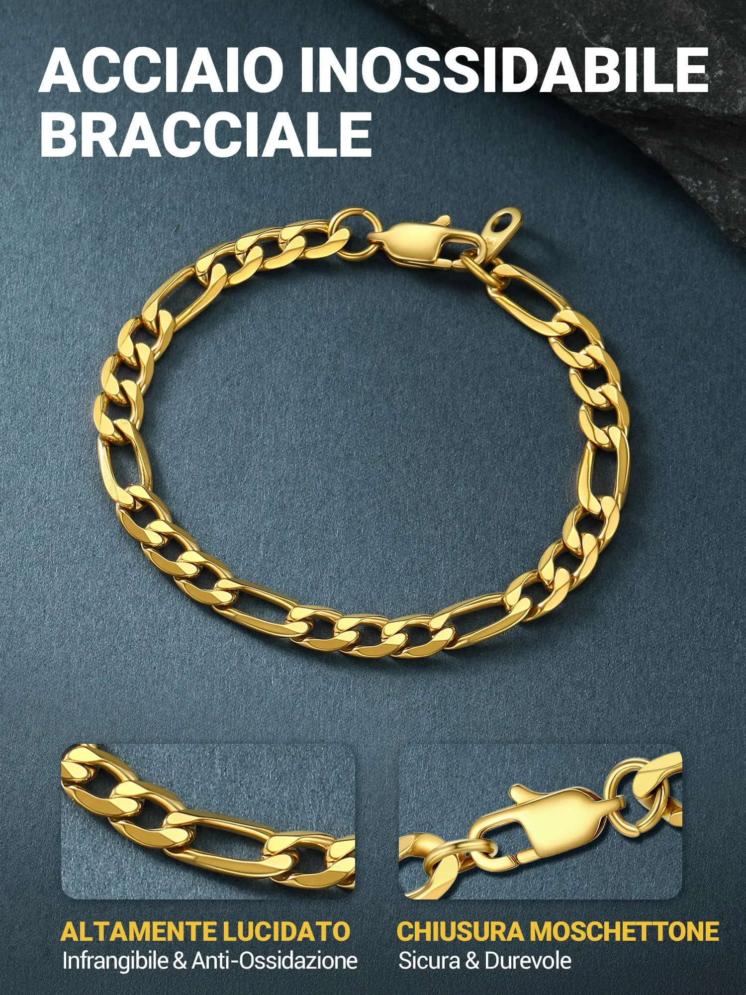 PROSTEEL Braccialetto Catena Figaro 3 in 1 Oro, 06mm, Acciaio Inossidabile - immagine 3