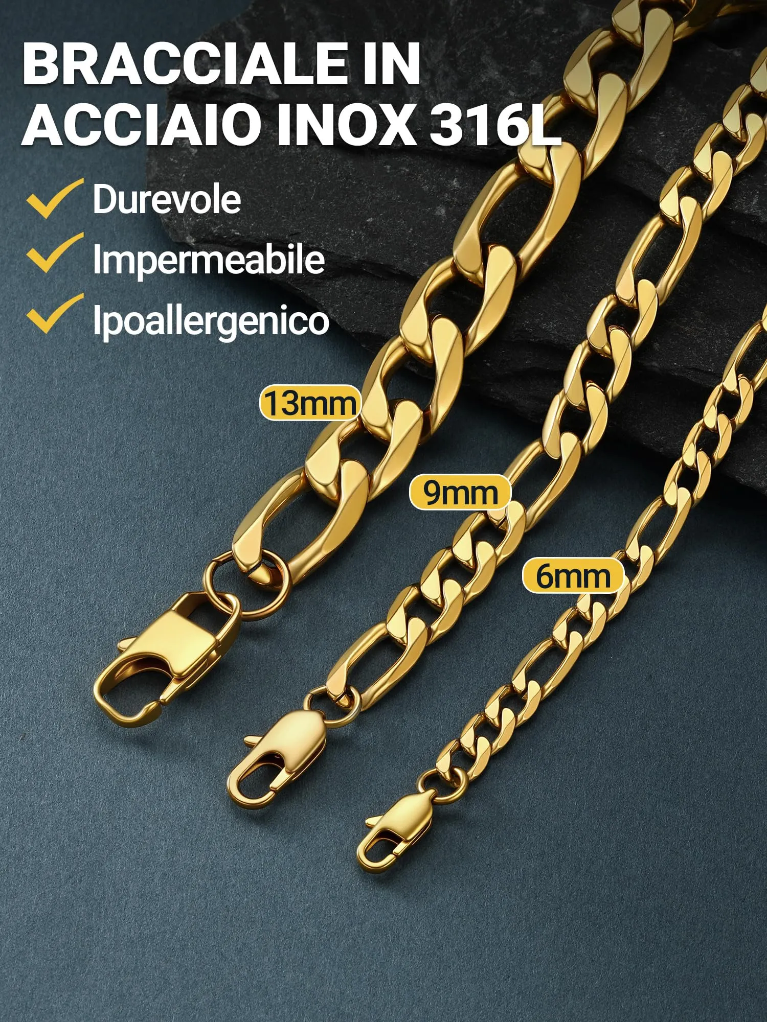 PROSTEEL Braccialetto Catena Figaro 3 in 1 Oro, 06mm, Acciaio Inossidabile - immagine 4