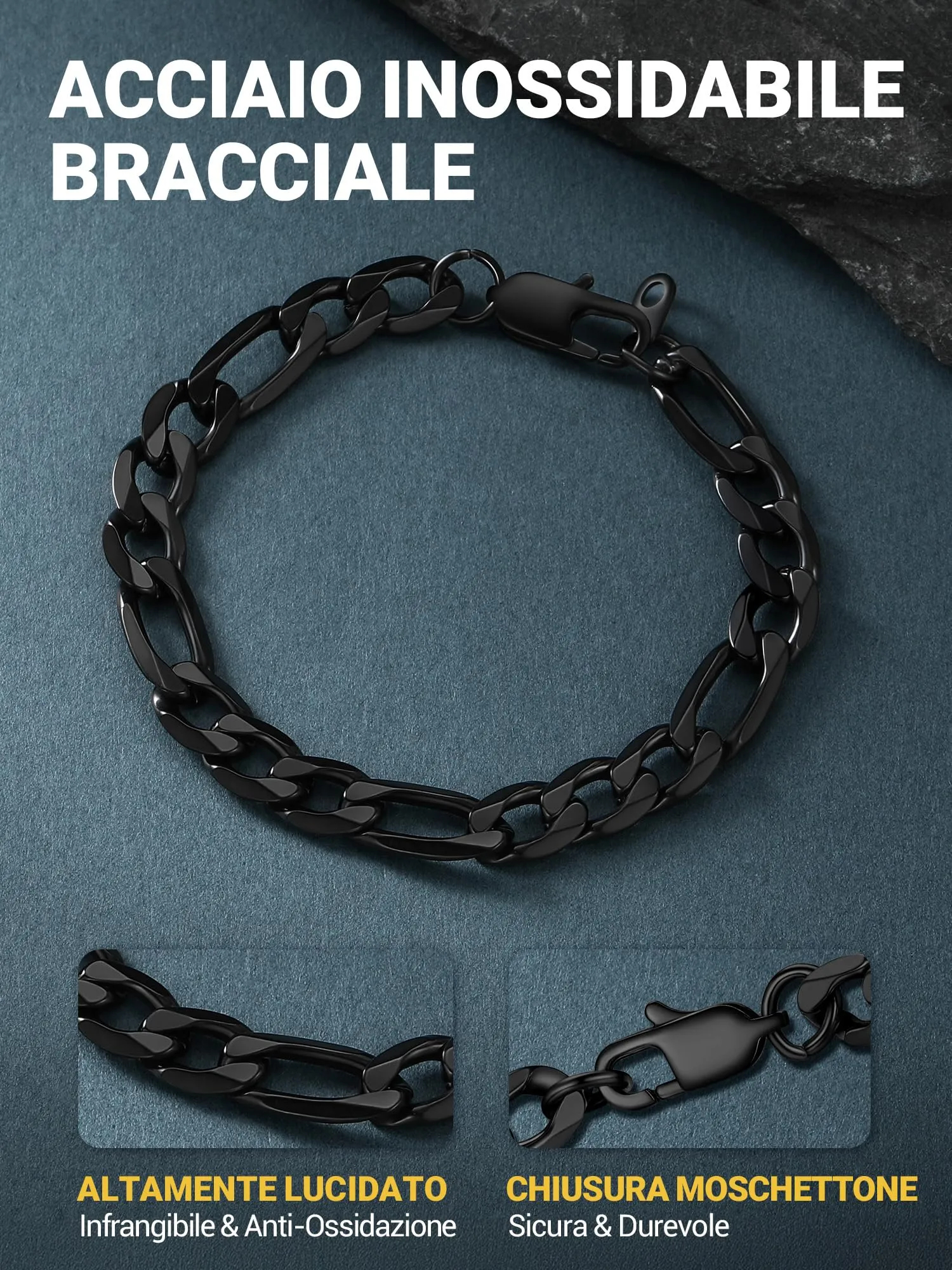 Prosteel Braccialetto Catena Figaro 3 in 1 Nero 9mm - immagine 5