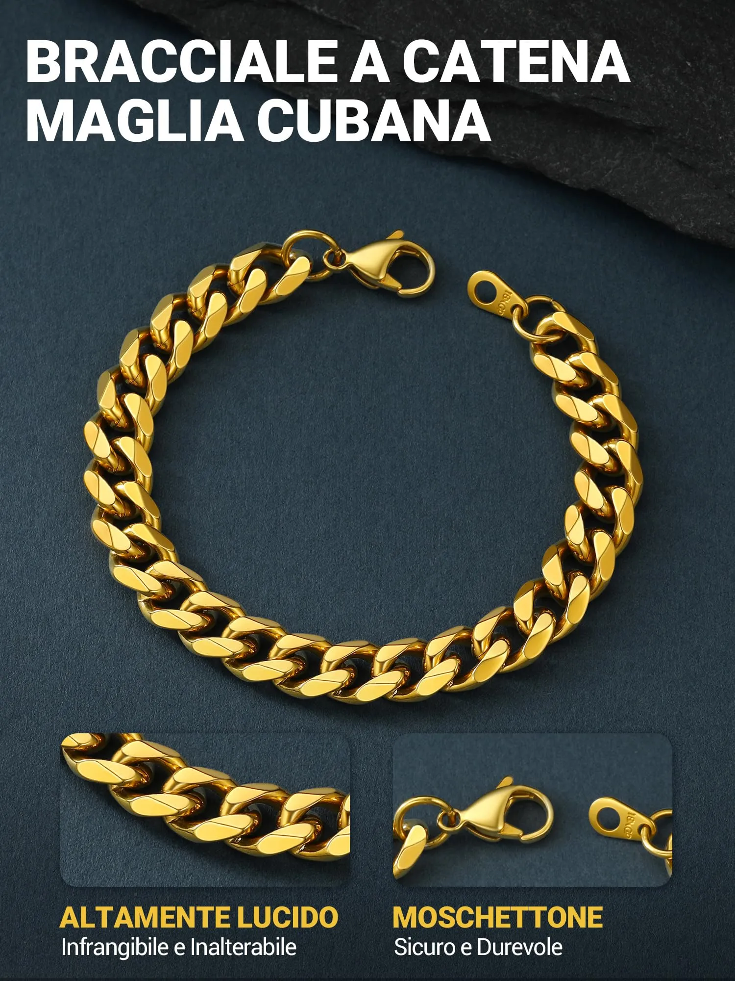 PROSTEEL Bracciale da Uomo a Catena Grosso Oro 9mm 21cm - immagine 6