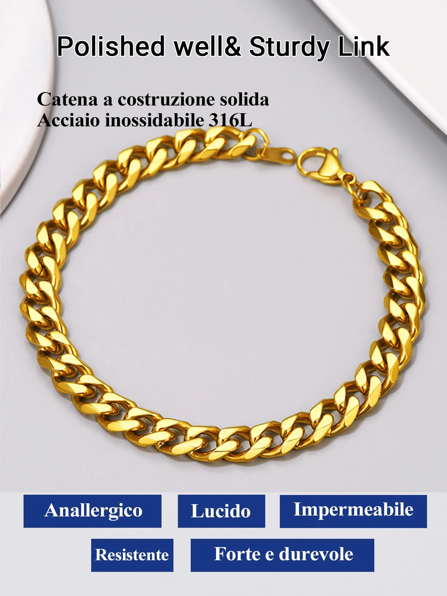 PROSTEEL Bracciale da Uomo a Catena Grosso Oro 9mm 21cm - immagine 8