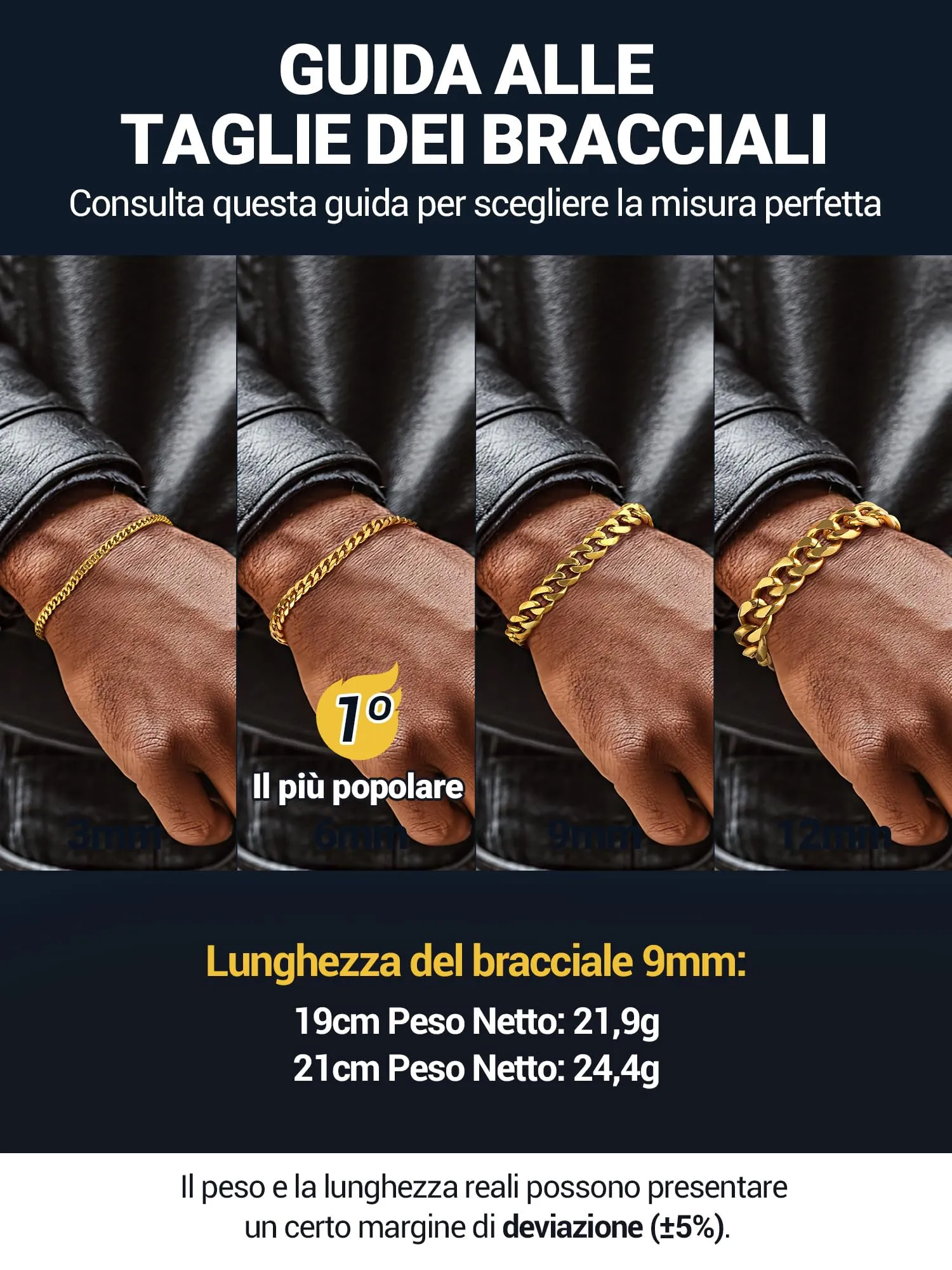 PROSTEEL Bracciale a Catena da Uomo in Acciaio Colore Oro 9mm Lunghezza 19cm - immagine 5