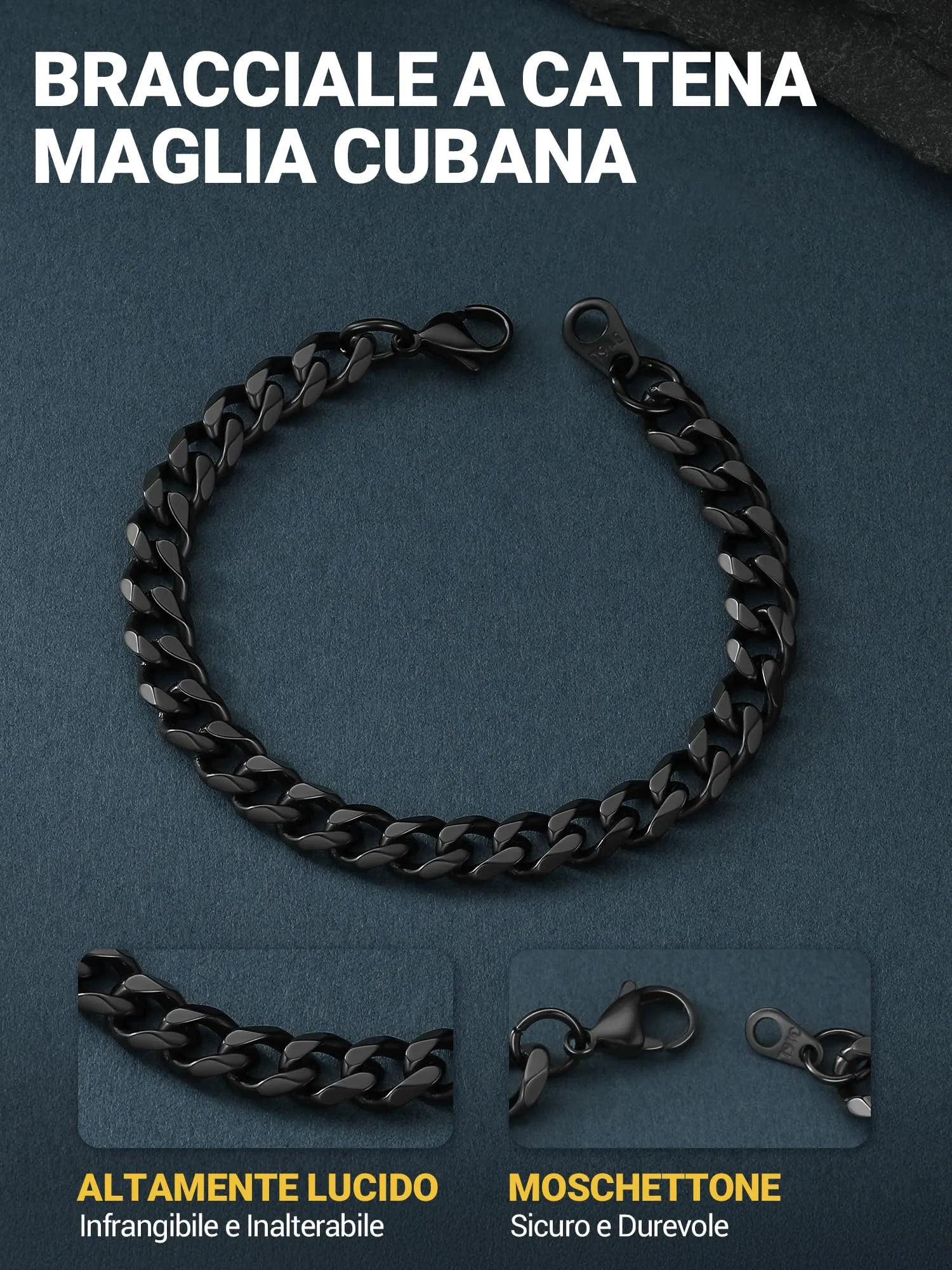 PROSTEEL Bracciale a Catena Sottile da Uomo in Acciaio Inossidabile, Nero, 6mm, Lunghezza 16 cm - immagine 3