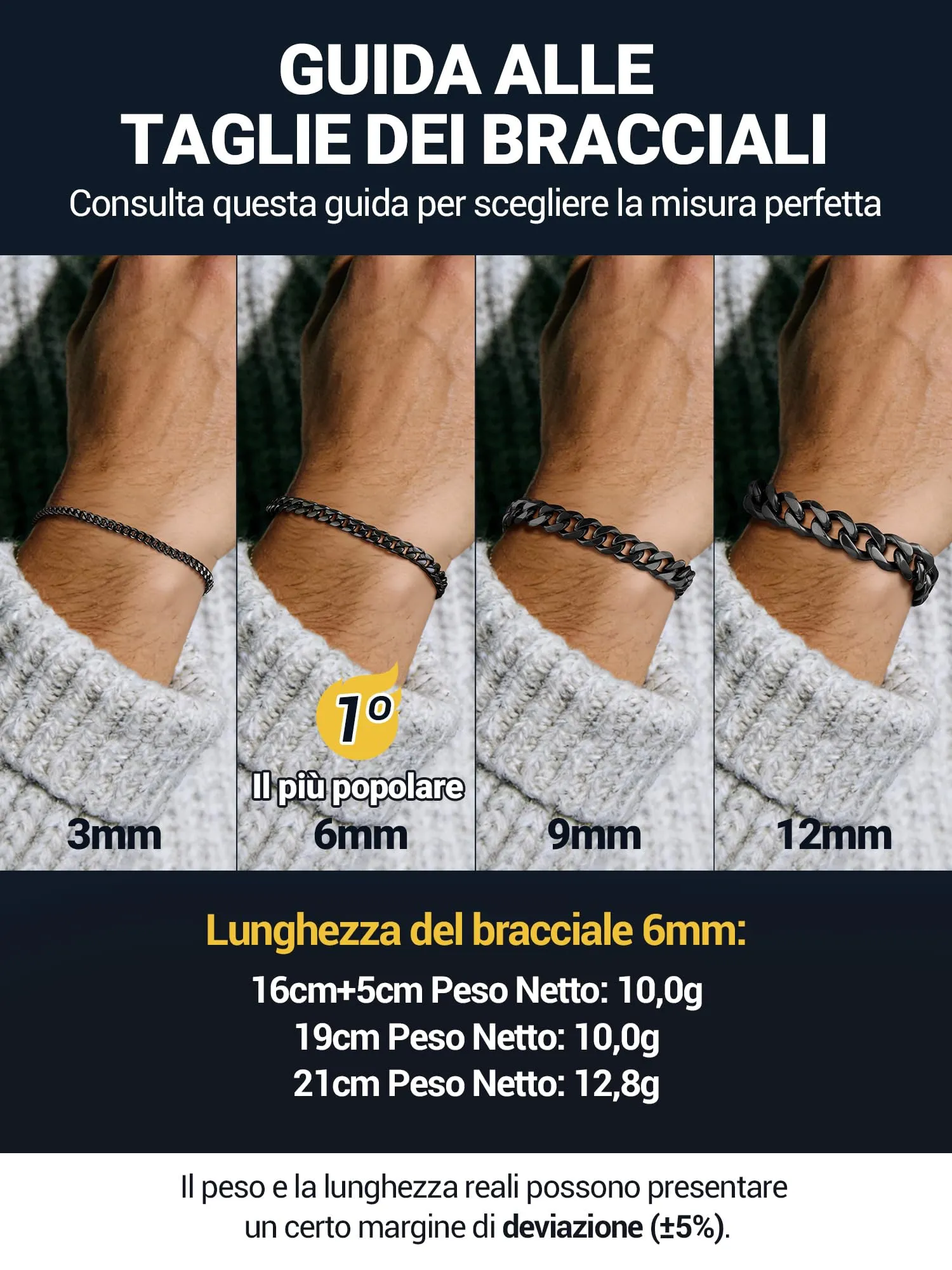 PROSTEEL Bracciale a Catena Sottile da Uomo in Acciaio Inossidabile, Nero, 6mm, Lunghezza 16 cm - immagine 5
