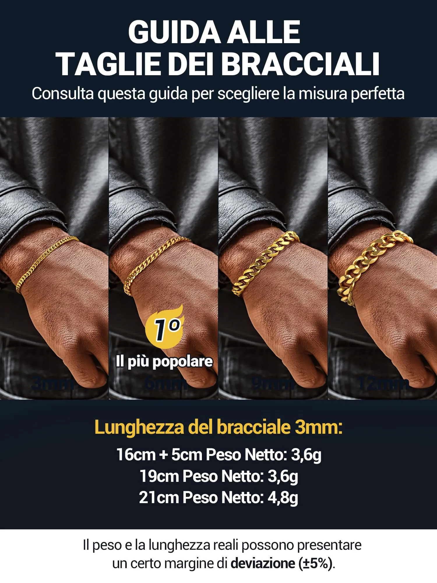 PROSTEEL Bracciale da Uomo a Catena Sottile in Acciaio Colore Oro 3.5mm 19cm - immagine 3