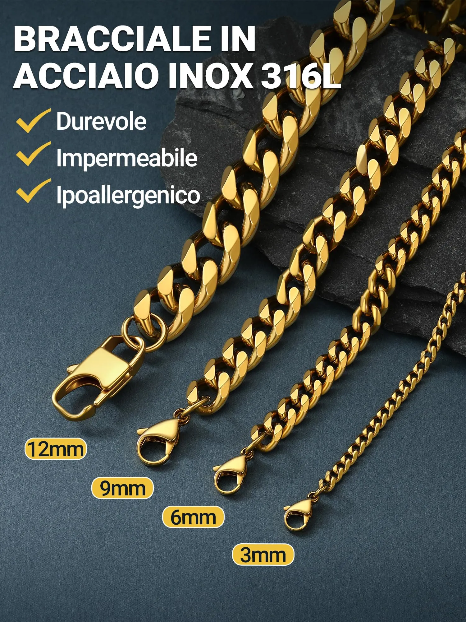 PROSTEEL Bracciale a Catena Sottile da Uomo in Acciaio Colore Oro 6mm 19cm - immagine 6