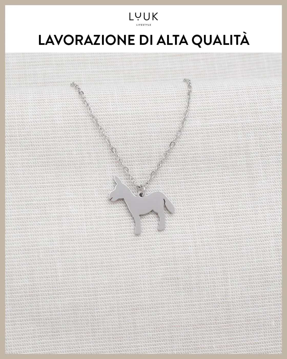 LUUK LIFESTYLE Collana in Acciaio Inox con Ciondolo Asino, Argento, 50cm - immagine 4