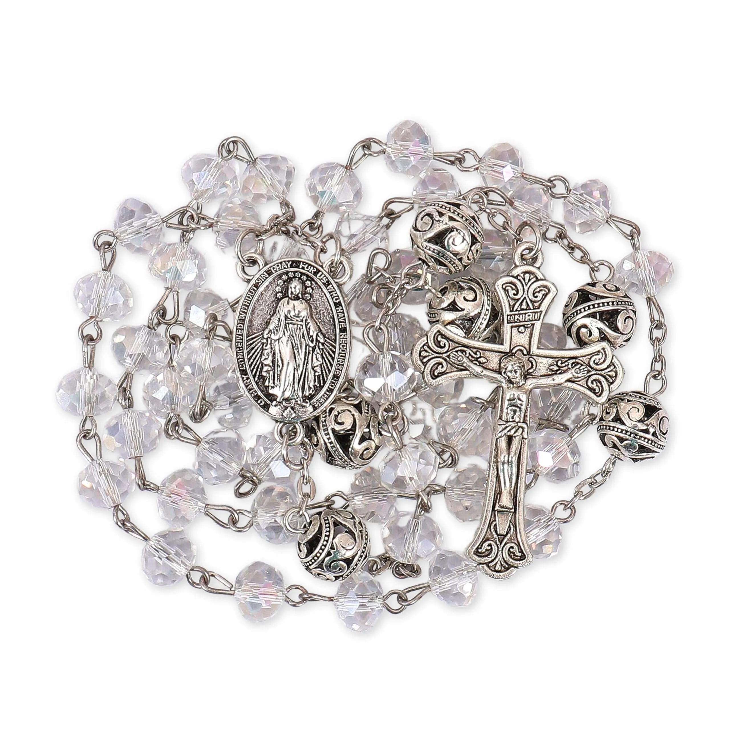 Nazareth Store Collana Rosario con Grani in Cristallo 8mm e Lega 10mm, Medaglia Miracolosa e Croce Cattolica, Bianca - immagine 1