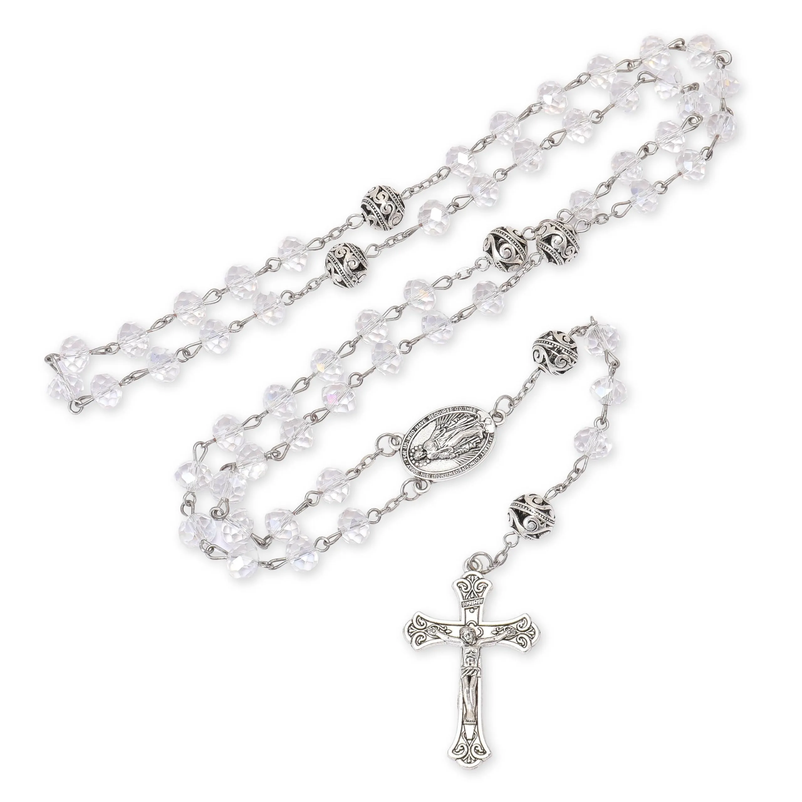 Nazareth Store Collana Rosario con Grani in Cristallo 8mm e Lega 10mm, Medaglia Miracolosa e Croce Cattolica, Bianca - immagine 2