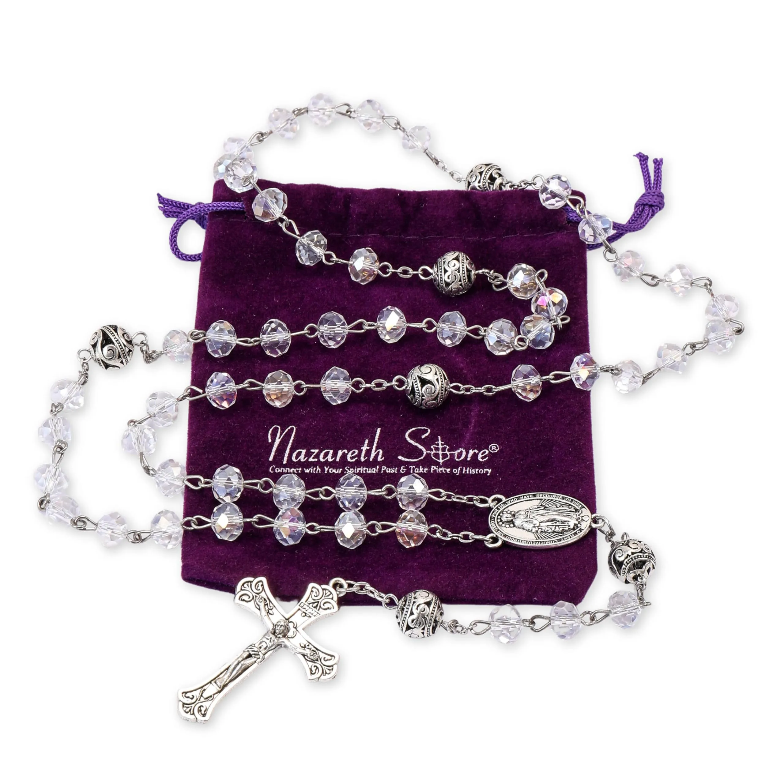 Nazareth Store Collana Rosario con Grani in Cristallo 8mm e Lega 10mm, Medaglia Miracolosa e Croce Cattolica, Bianca - immagine 4