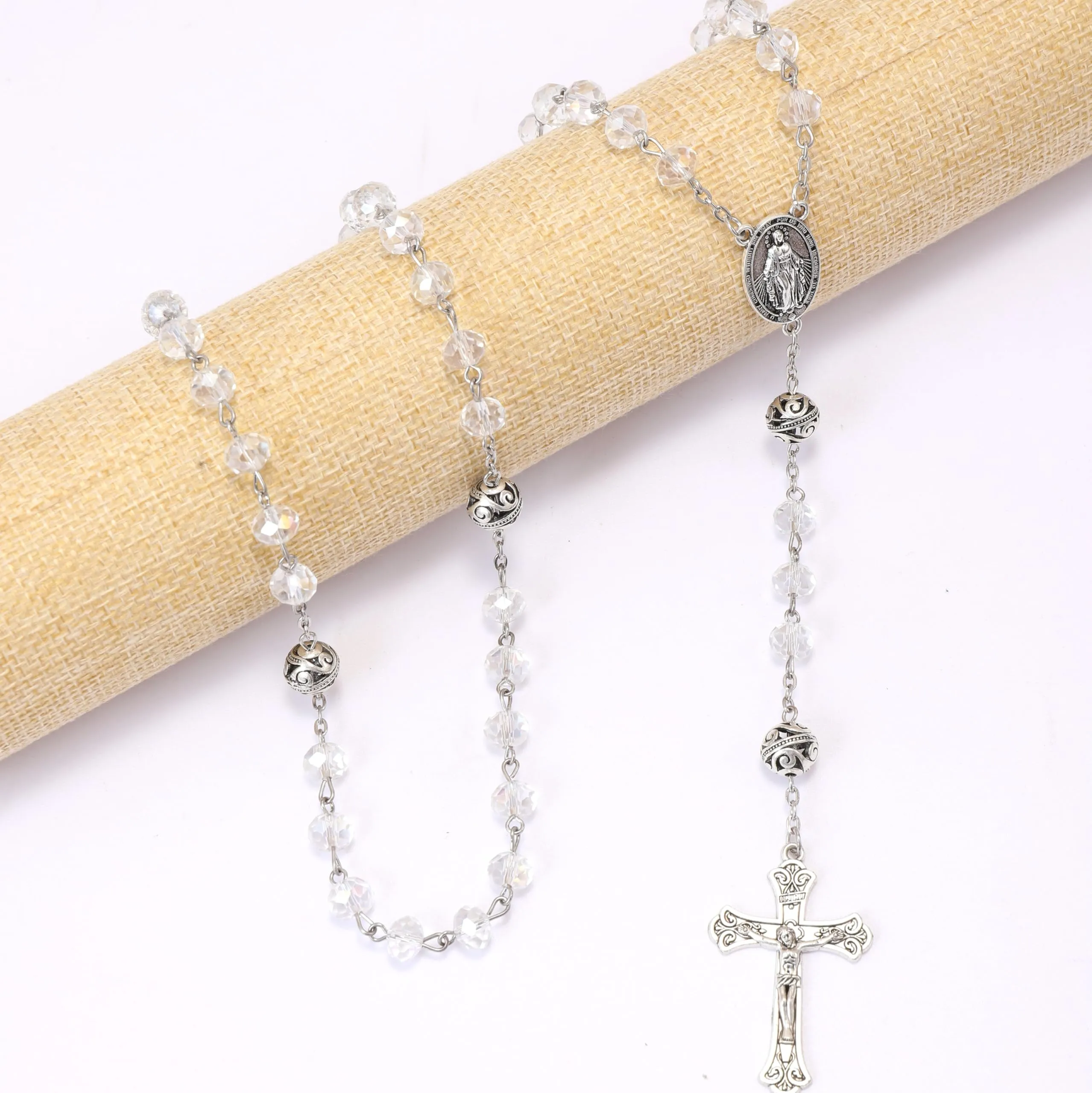 Nazareth Store Collana Rosario con Grani in Cristallo 8mm e Lega 10mm, Medaglia Miracolosa e Croce Cattolica, Bianca - immagine 5