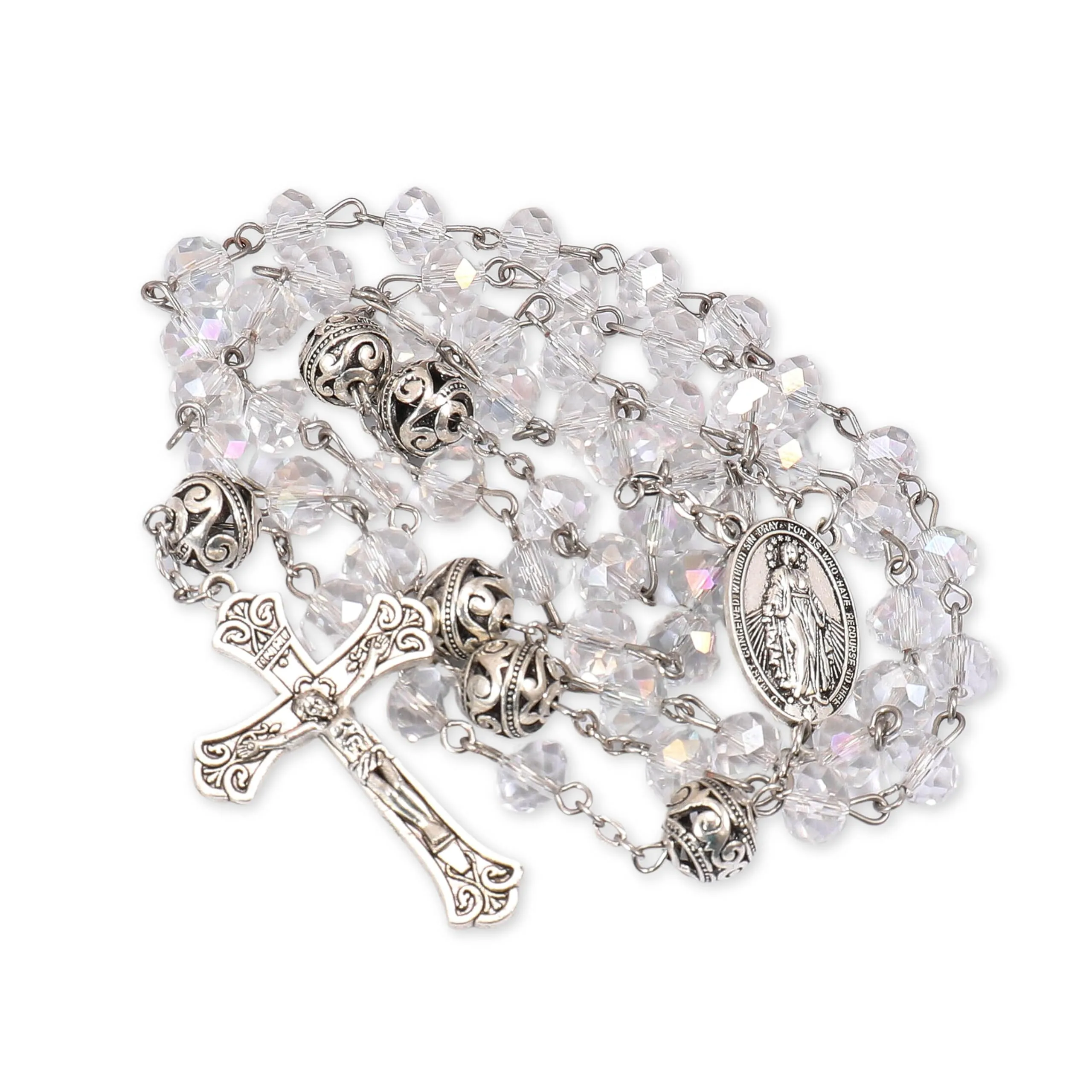 Nazareth Store Collana Rosario con Grani in Cristallo 8mm e Lega 10mm, Medaglia Miracolosa e Croce Cattolica, Bianca - immagine 6