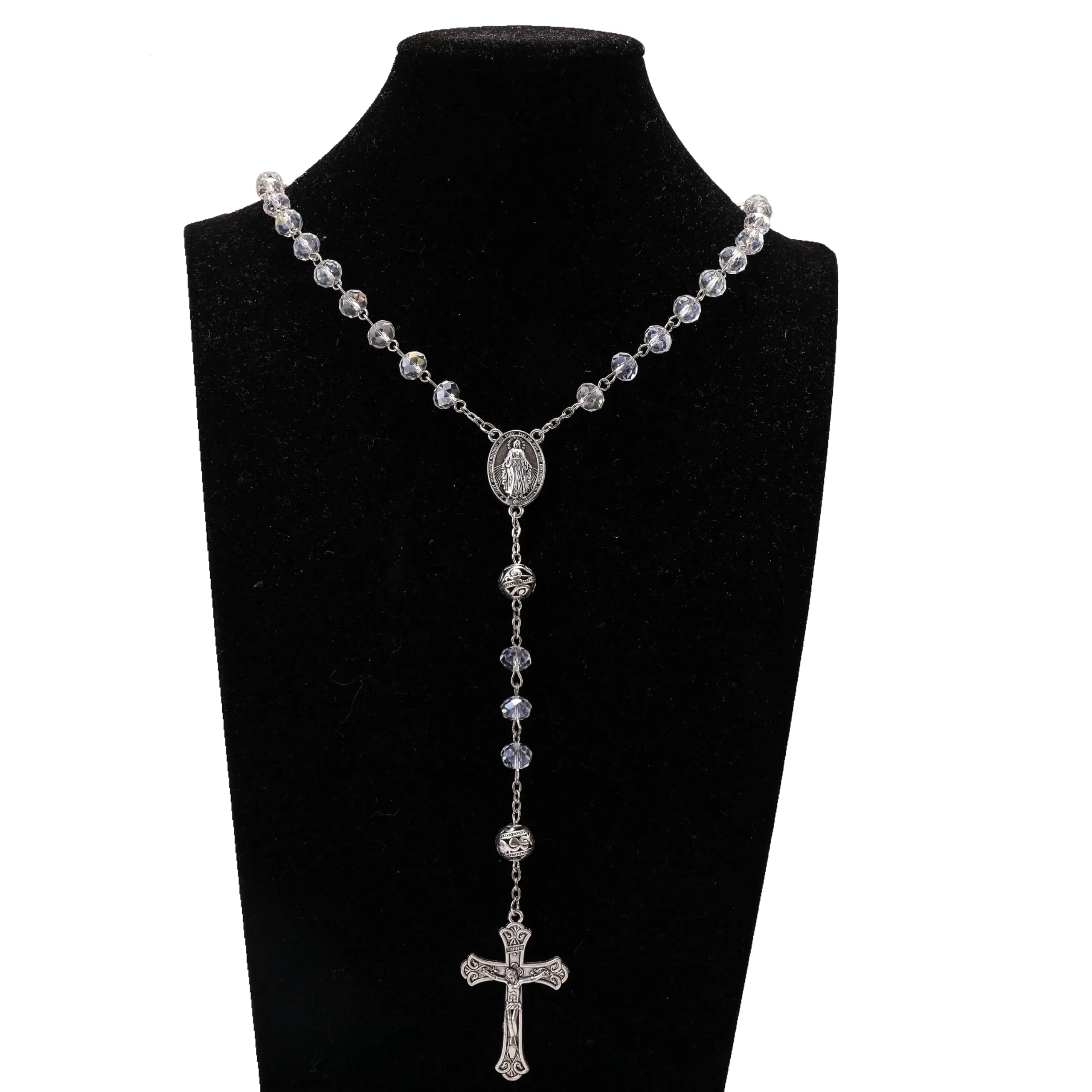 Nazareth Store Collana Rosario con Grani in Cristallo 8mm e Lega 10mm, Medaglia Miracolosa e Croce Cattolica, Bianca - immagine 7