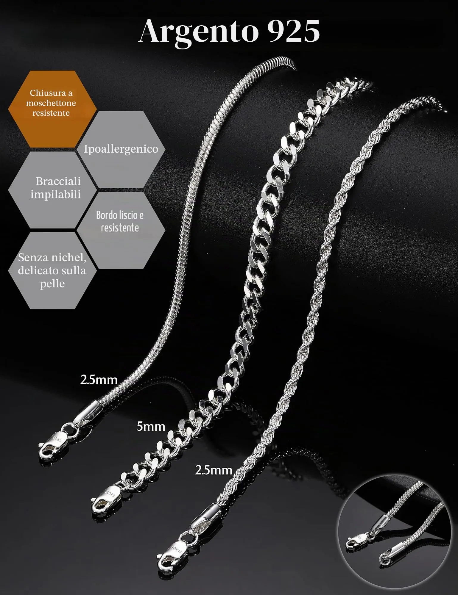 Chriscoco Set di 3 Bracciali Uomo in Argento 925, Cuban Link, Serpente e Twist, 19/21 cm - immagine 2